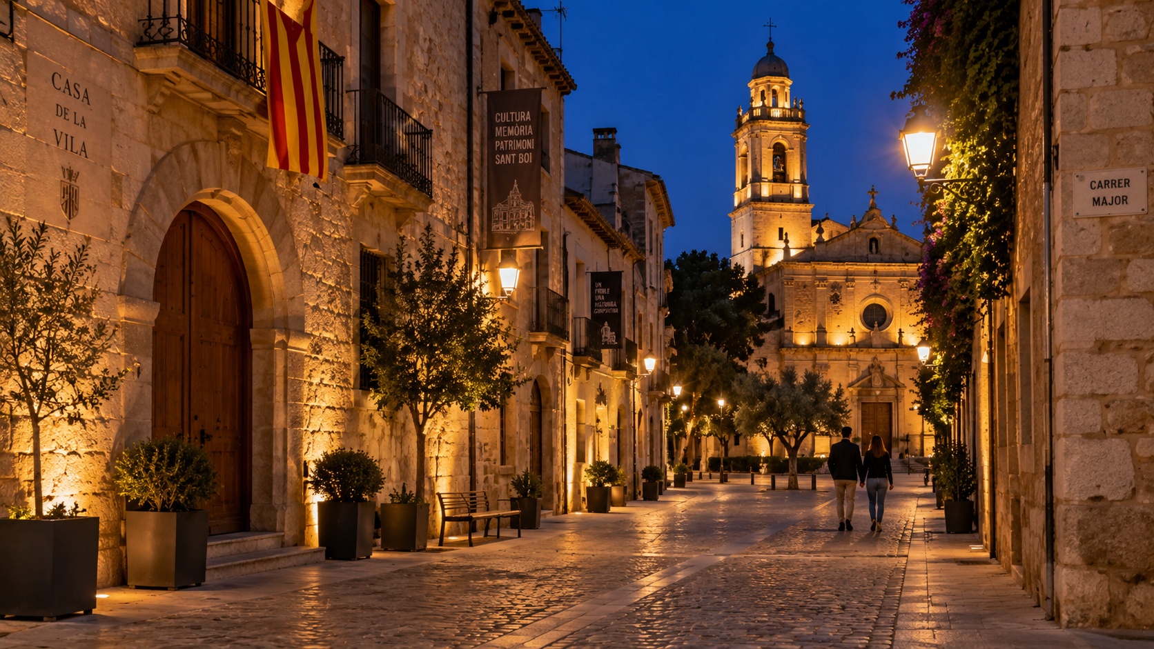 Carrer il·luminat al vespre